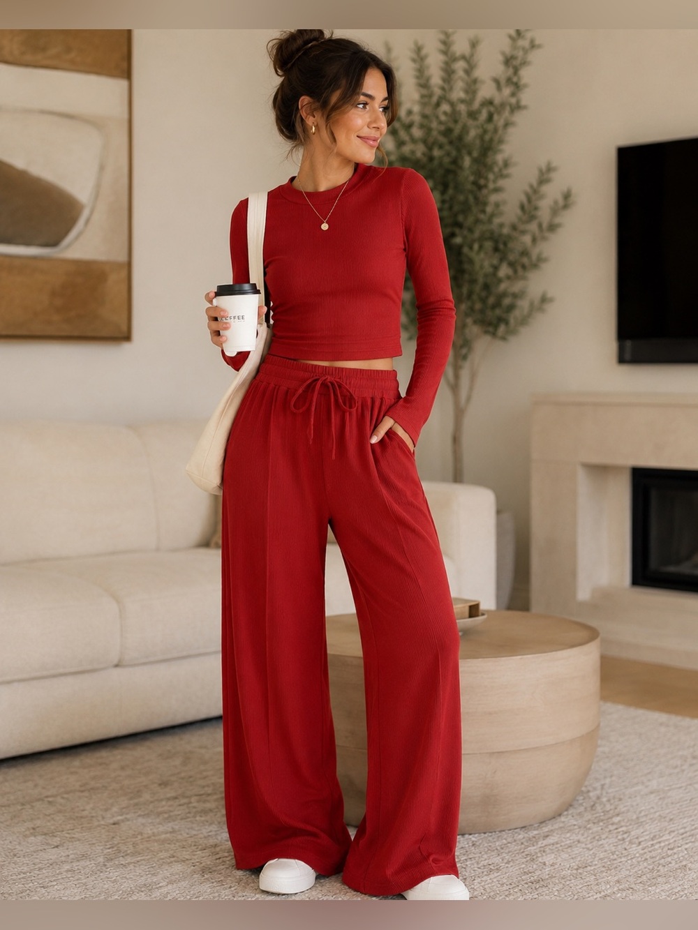 BTFBM 2 Piece Ribbed Long Sleeve Crop Top Lounge Set Size XL